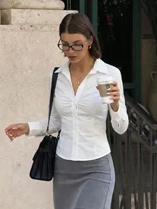 Women's Slim Fit Collared Button Shirt, Y2K Street Style Casual Sexy Girl College Look, Long Sleeve Summer Women's Blouse, Casual Everyday Top, Simple and Elegant, Chic, Womenswear
