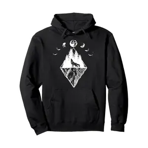 Men's Hoodies Men's Howling Wolf & Moon Phases Graphic Hoodie - Soft Cotton-Polyester Blend,  Casual Pullover with Kangaroo Pocket, Long Sleeves, Machine Washable - Black, Kangaroo Pocket, Long Sleeves, Machine Washable, Black