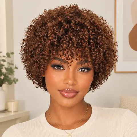 Glueless Afro Kinky Wig for Women Chocolate Brown Color Wear and Go No Lace Wig for Daily 8 Inch Machine Made