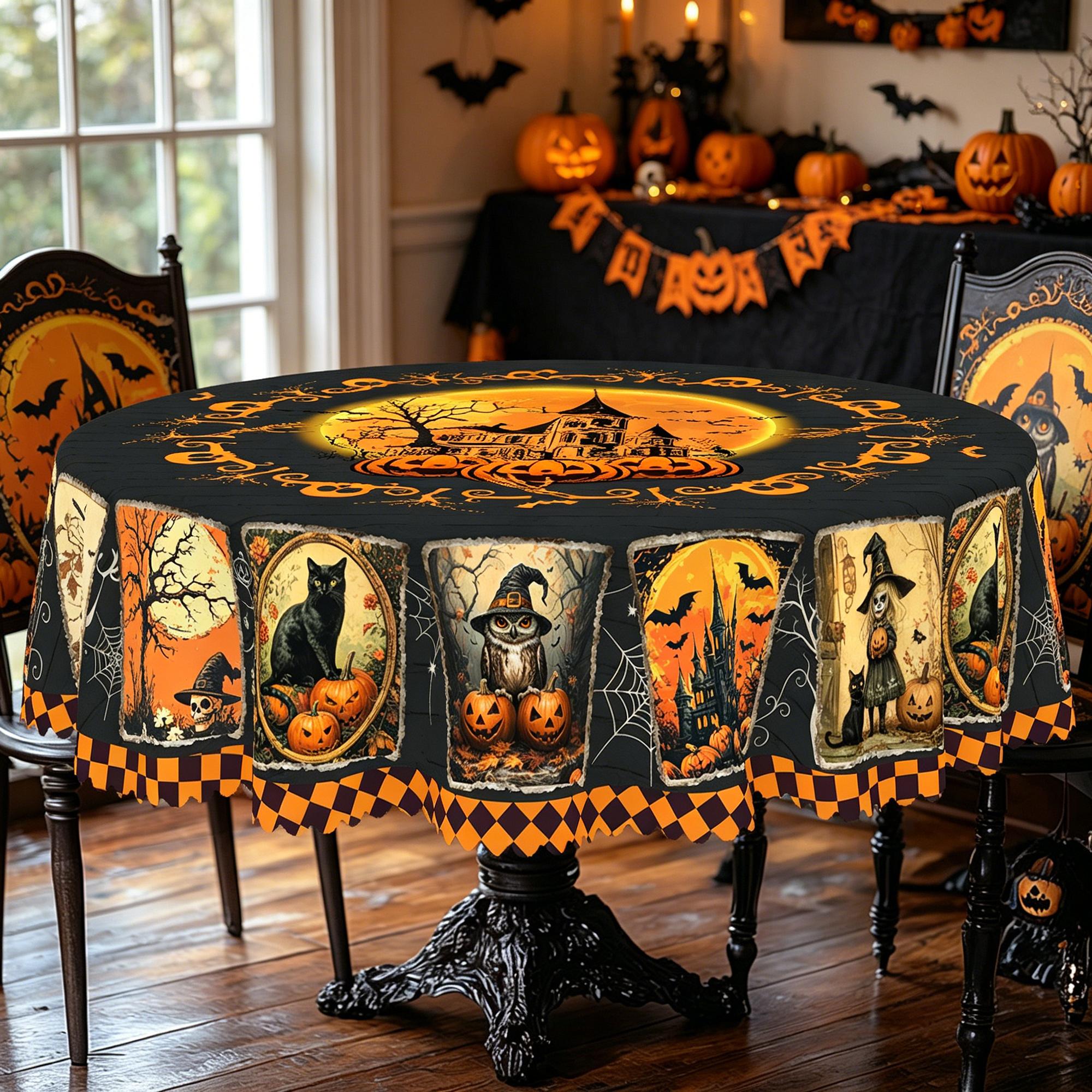 BOOPBEEP Halloween Printed Tablecloth - Vintage Farmhouse Style, Pumpkin & Black Cat Patterns, Rectangular/Round Dining/Kitchen Cover, Nostalgic Halloween Decor, Brunches Indoors Use, Holiday Gift, Pumpkin Ghost Pattern Kitchen Linen Sets, Decoration, Ind