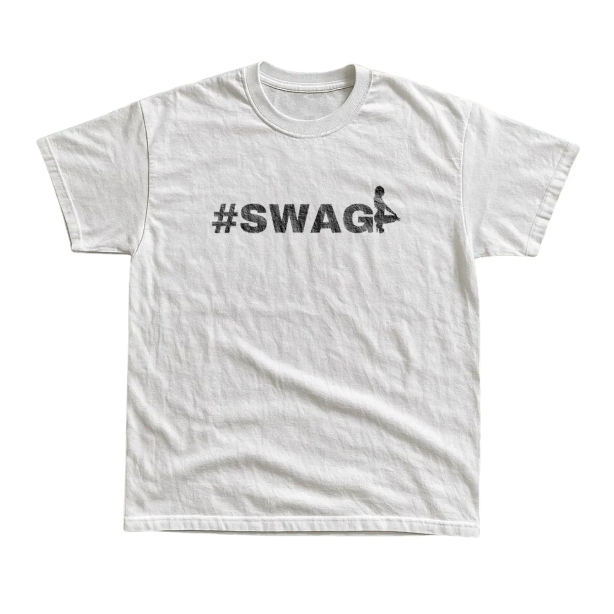 Vintage SWAG Hashtag Silhouette Model Graphic T-Shirt, Distressed Retro 2010s Internet Culture Word Text Block Typography, Unisex White Heavyweight Streetwear Tee, Casual Y2K Outfit