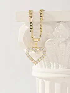 14k Gold Plated Zircon Heart Hollow Pendant Necklace, Shiny Wedding Jewelry, Unisex Daily Wear, Valentine's Day Christmas Gift