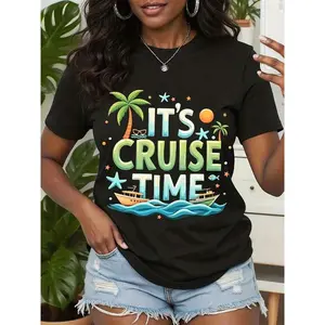 Cruise Ship T-Shirt With It's Cruise Time Tropical Palm Tree And Boat Print   Perfect For Vacation, Beach, And Summer Travel Outfits,WoWomen's T-Shirts, Festive Celebration Wear, Festive Graphic Tee, Festive Fashion Lovers