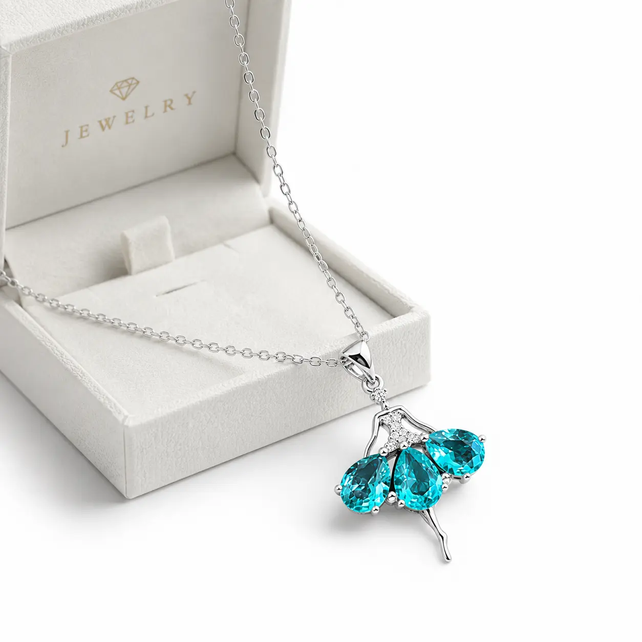 Teal Blue Ballerina Pendant Necklace for Women, Silver Tone Dancer Charm with Faceted Crystal-Like Stones, Elegant Statement Jewelry Gift
