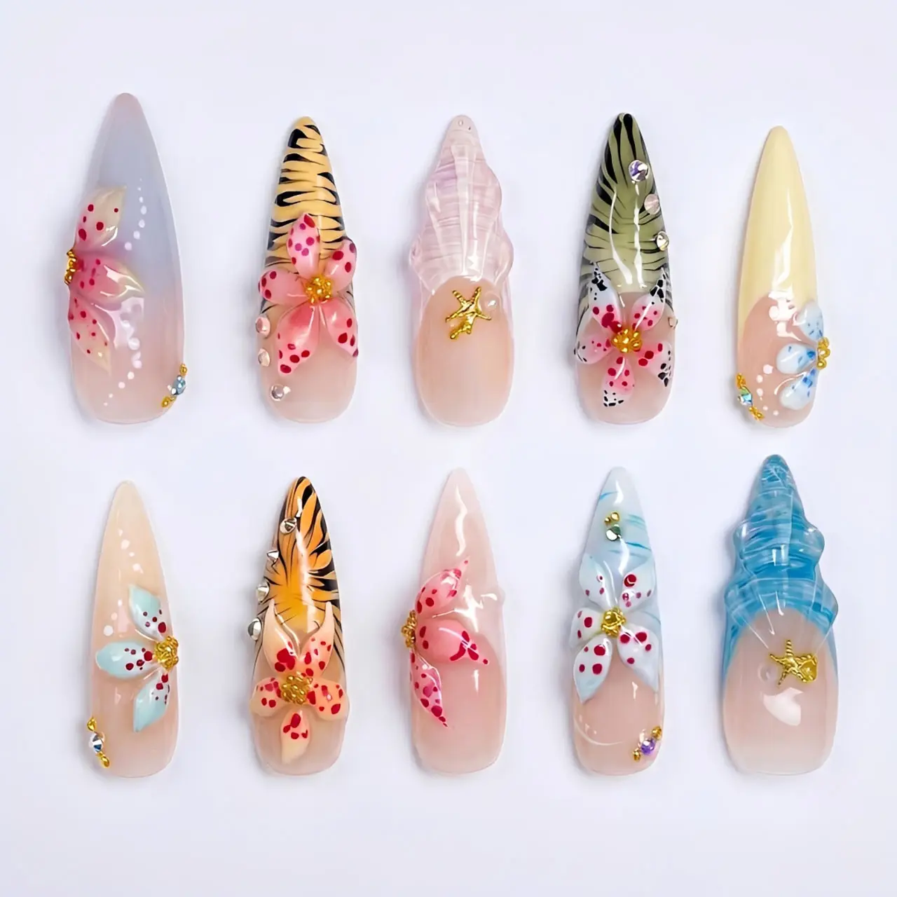 Tropical Press on Nails with Tiger Print, 3D Flower & Seashell | 3D Fake Nails in Stiletto | Wild Handmade Nail Art for Summer, Beach