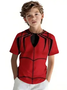 Red Spider-Man Web Pattern Boys Short Sleeve, Transform Into Little Hero, Breathable Summer Top, Graphic Tees