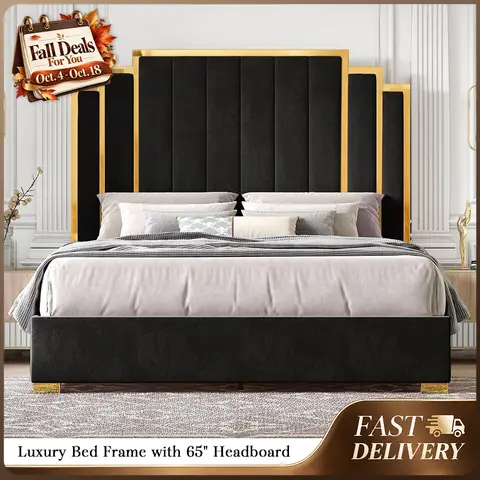 AMERLIFE Bed Frame with 65" Headboard, Upholstered Platform Bed with Golden Plating Trim, Modern Luxury Bed Frame, No Box Spring Needed/No Mattress/Queen/King//Unique Bedroom Furniture/Best Gift Ideas/Christmas Gifts[TikTokShopFallDealsForYou]
