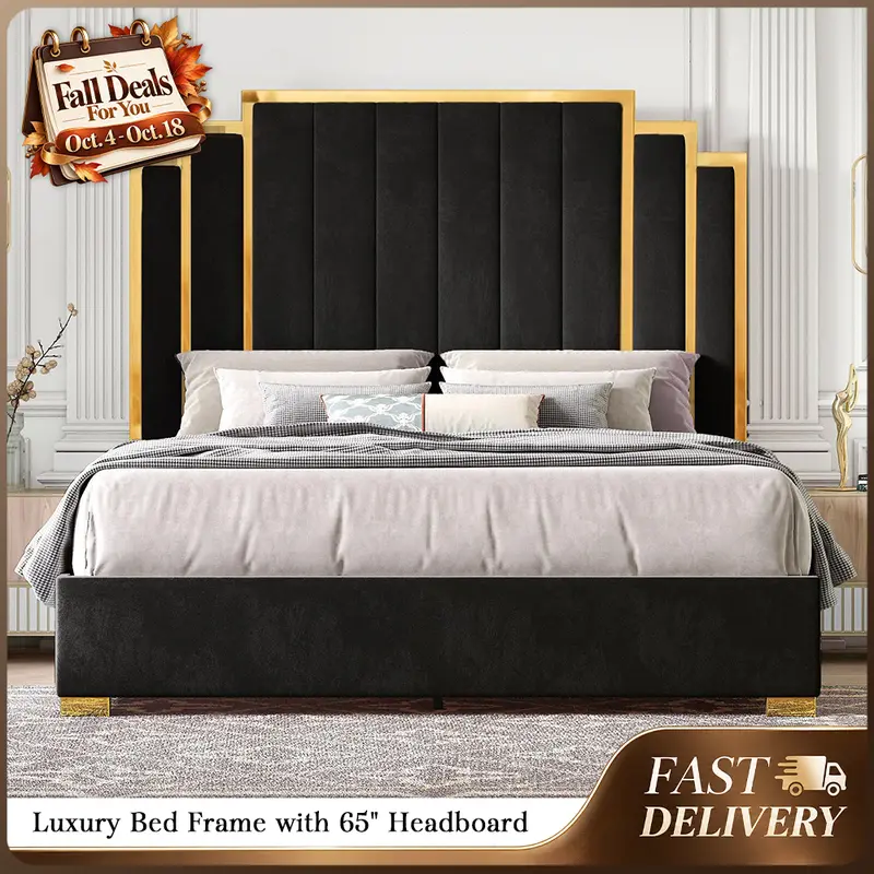 AMERLIFE Bed Frame with 65" Headboard, Upholstered Platform Bed with Golden Plating Trim, Modern Luxury Bed Frame, No Box Spring Needed/No Mattress/Queen/King//Unique Bedroom Furniture/Best Gift Ideas/Christmas Gifts[TikTokShopFallDealsForYou]