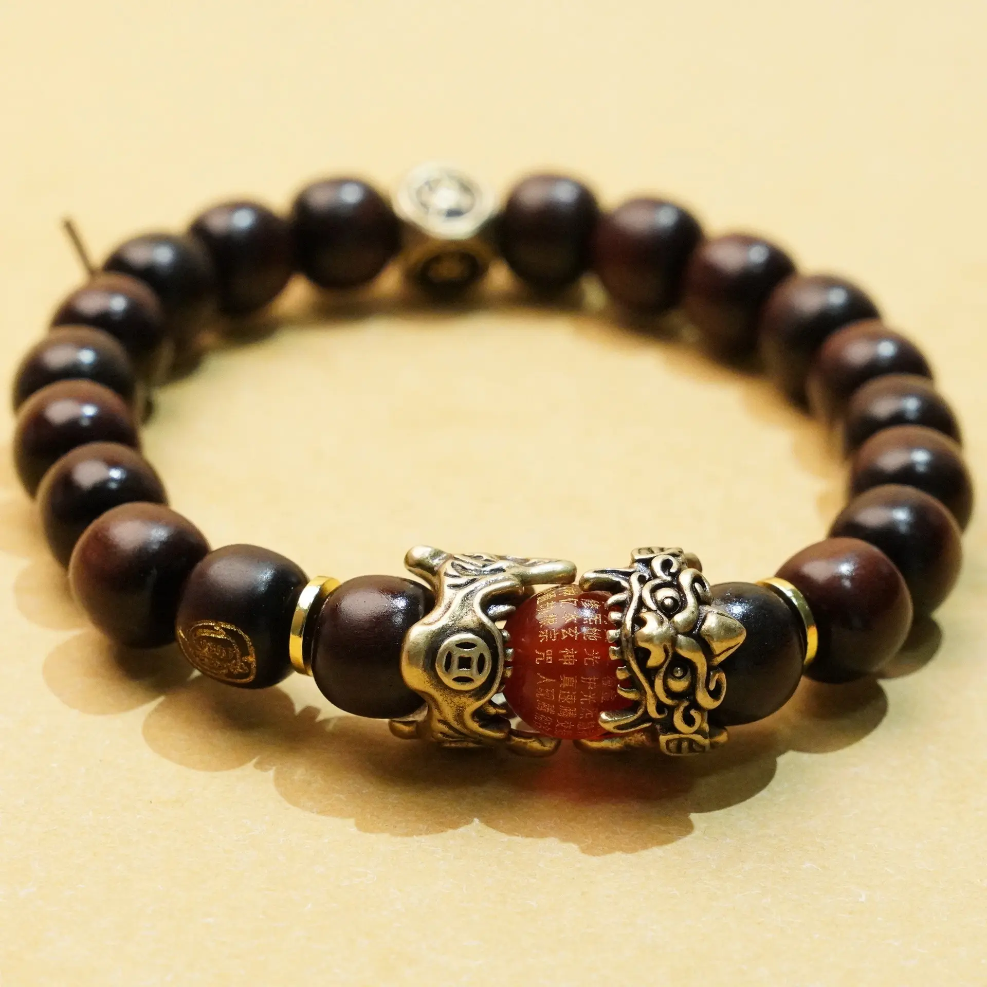Men's Classic Lightning-Struck Wood 4 Symbols Bracelet - Barrel Bead Design, Brass 6-Character Mantra Spacer Beads, Exquisite Brass Pixiu, Stretch Cord, Thunder Energy, Fortune Boost, Wealth Lock, Energy Cleansing, Evil Warding, Office Accessory, Brass Sp