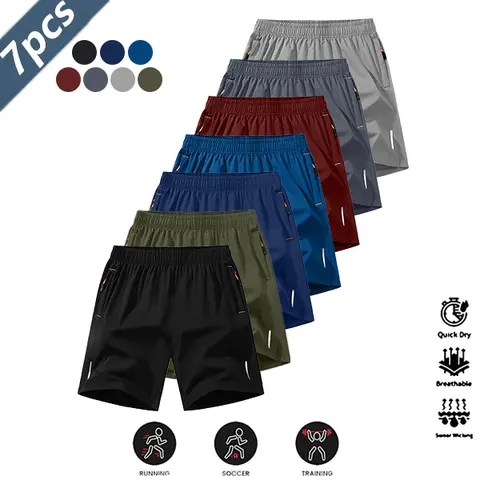 Men's 7-Pack Active Athleisure Shorts, Polyester Blend Light-Tough Fabric, Quick-Dry Breathable Anti-Wrinkle Solid Color with Reflective Strips, Above the Knee, Ideal for Running, Gym, 7 Pairs for Fresh S