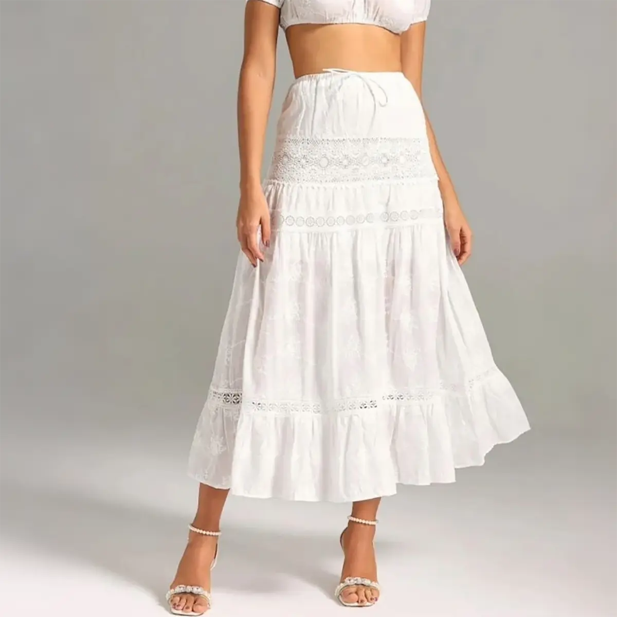 Women's Boho White Maxi Skirt, High Waisted Tiered Lace Eyelet Floral Skirt with Drawstring, Crochet Ruffle Hem for Beach, Coastal Getaway, Summervibes