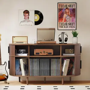 Giratree Large Record Player Stand, 55'' Wood Vinyl Record Storage Cabinet with Charging Station & USB Ports, Curved Turntable Table Open Shelf Holder Up to 300 Albums for Living Room