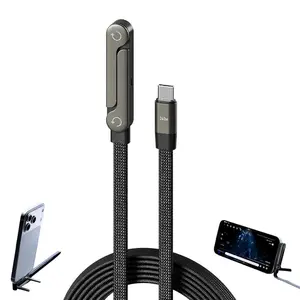 Type-C,2-in-1 Invisible Stand Charging Cable, 240W Fast Charging Cable with  Foldable Phone Holder, Nylon Braided 360° Rotating Elbow Type-C Cord, Sideways Charger
