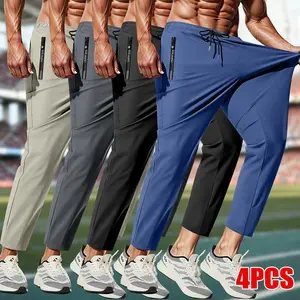 Men's 4-piece quick-dry breathable ice silk fiber sports pants with pockets and elastic waistband, lightweight, comfortable, durable, suitable for gym, running, golf, fishing, and casual wear soft joggers
