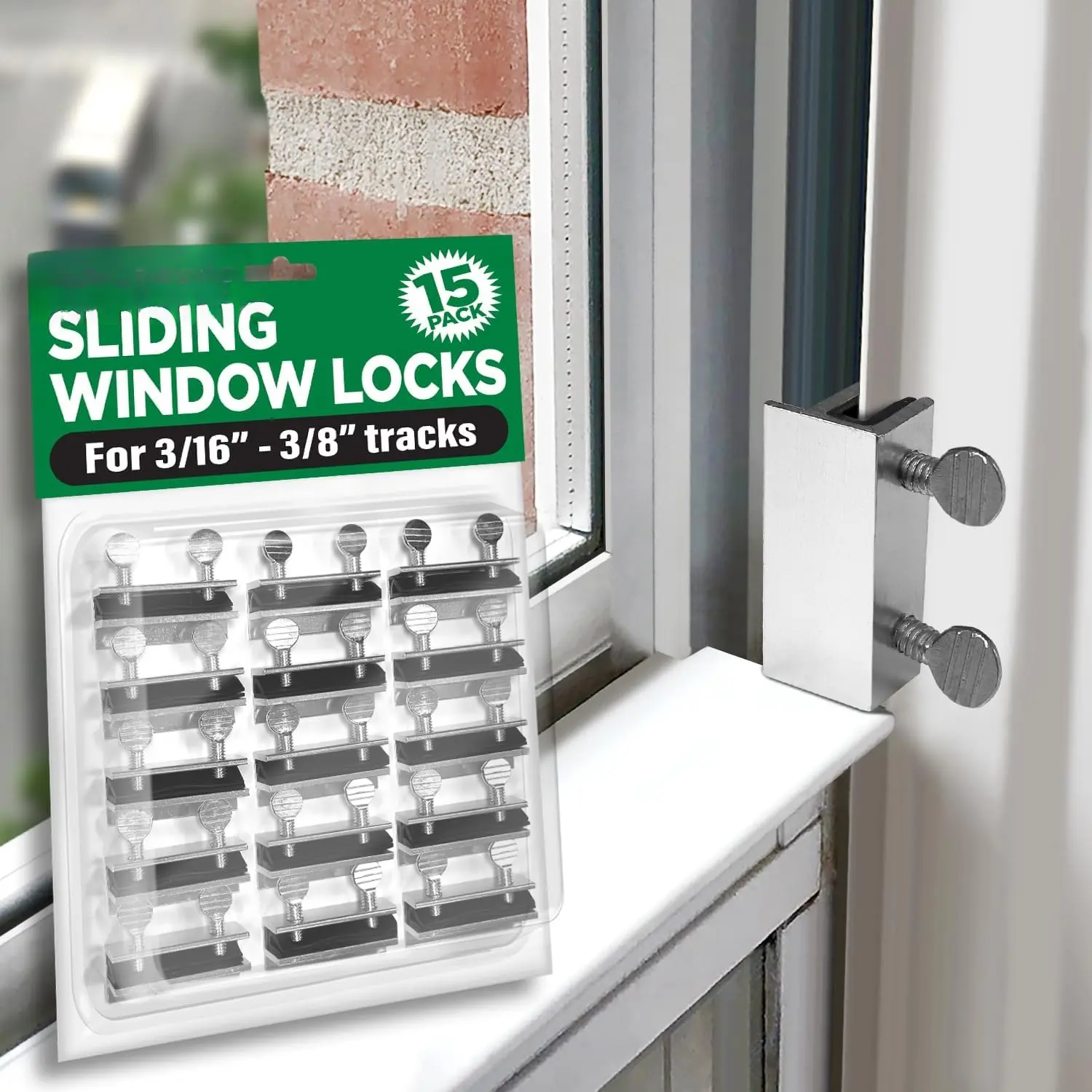 Window Locks, 15 Pack Window Locks for Vertical and Horizontal Windows, Sliding Window Locks, Adjustable Aluminum Window Stoppers, Window Security, No-Drill Install, Fits Tracks up to 3/16" Wide