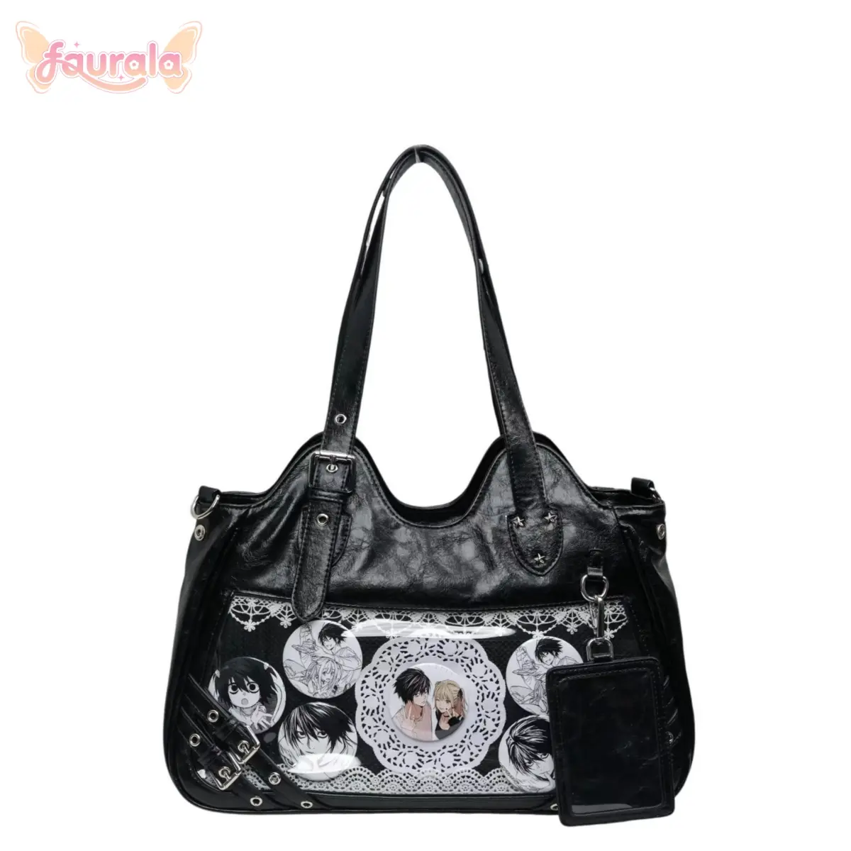 FAURALA Gothic Anime Ita   crossbody  Bag - PU Leather Shoulder Tote Clear Badge Display Pocekt |  Detachable Card Holder, Buckle Accents, Dual Carry Ways, Stylish Handbag for Ita Collectors Perfect for Anime Conventions & Daily Use