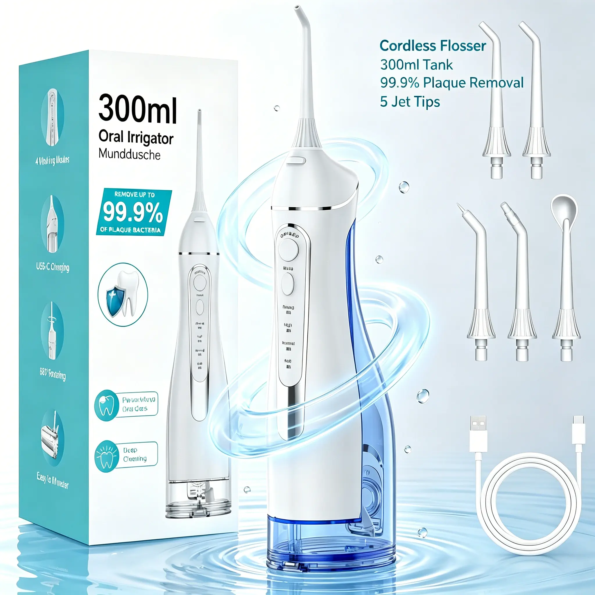 Portable Cordless Oral Irrigator, 300ML USB-C Rechargeable Water Flosser with 5 Replaceable Jet Tips, 4 Pressure Modes, IPX7 Waterproof, 99.9% Plaque Removal for Braces & Oral Care