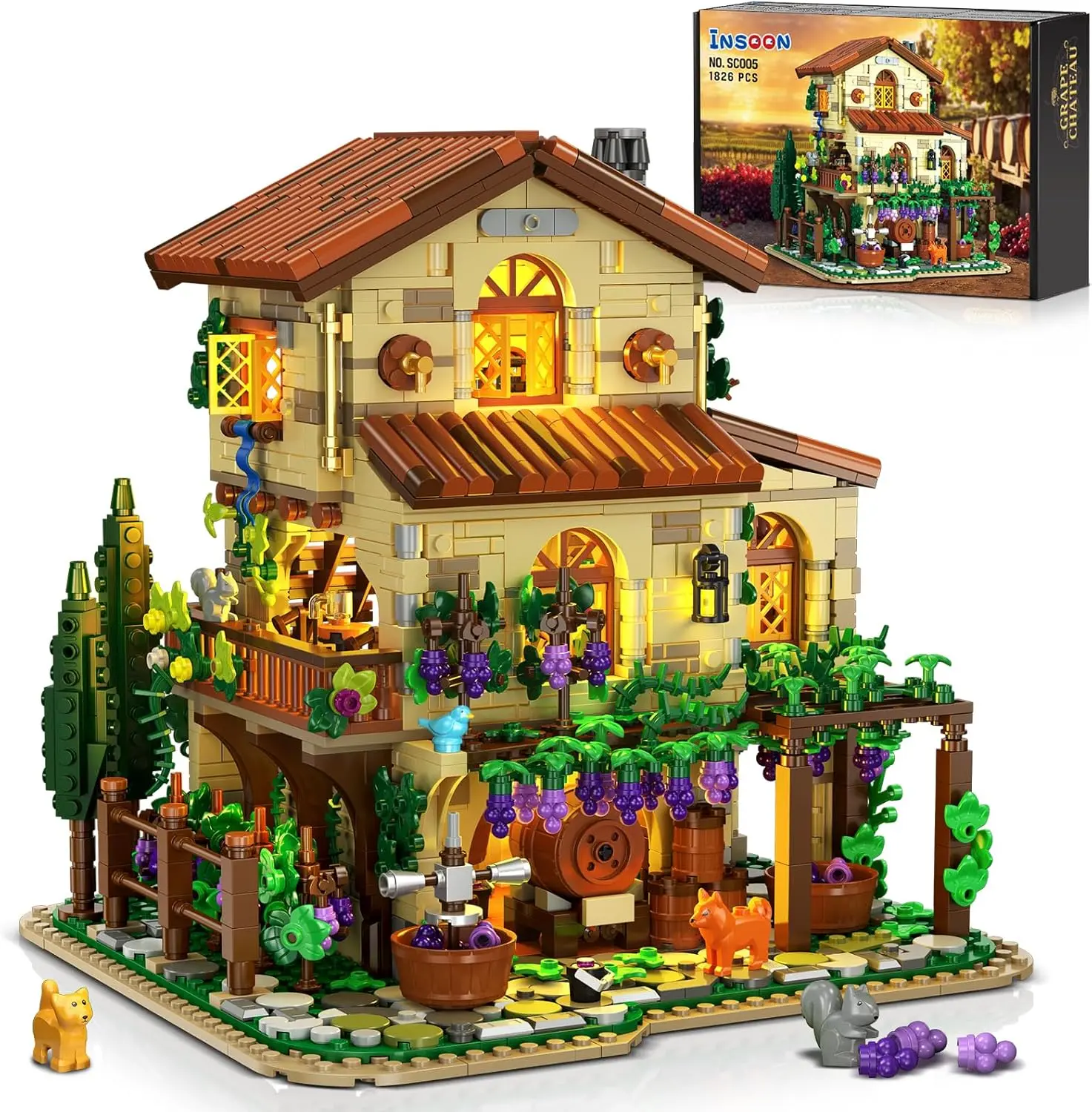 INSOON 1826 PCS Winery Chateau Collector Building Set with Lights, Vineyard Castle Construction Model, Autumn Vine Estate Cabin Home Decor, Birthday Gift for Adults Teens, Collector Set