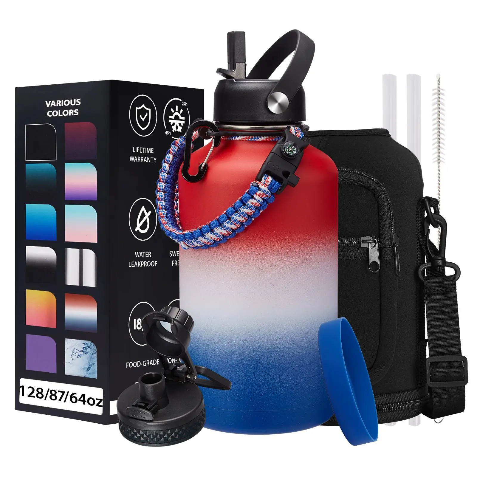Half/1 Gallon Vacuum Water-Bottle with Sleeve, Paracord Handle, Straw & Spout Lid, 32oz 40oz 64oz 87oz 128oz Stainless Steel Insulated Water Jug, Cold-48h & Hot-24h Double-Wall Metal Vacuum Flasks for Sports Hiking Camping