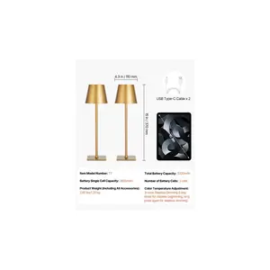 VEVOR Cordless Table Lamp, 2-Pack, 5200mAh Built-in Rechargeable Battery Desk Lamp, 3 Color Stepless Dimming Up, 3000-6500K Color Temperature, Table Light for Restaurant, Bedroom, Outdoor, Gold