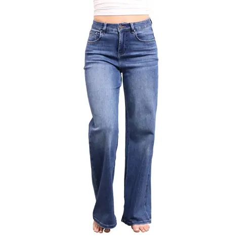 Lady's Shelby High-Rise Wide Leg Tummy Control Cotton Denim Pants - Basic, Short Inseam Option, Fit Tummy Panel Shapewear, Multi-Size, Smooth Fabric, Pockets, 3 Inseams for Casual Everyday Wear