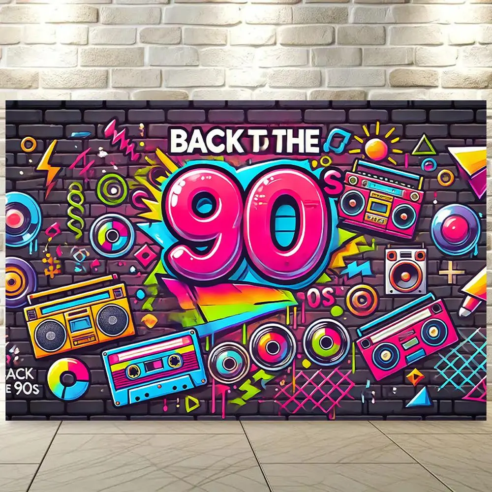 1pc Durable Polyester Flat Backdrop Banner - 96"x72" 2D Retro 90s Glam Design with Vibrant Neon Graffiti Prints, 90 Numbers, Boombox, Cassette Tape, Soft Fabric for Indoor/Outdoor Birthday Photography Decor