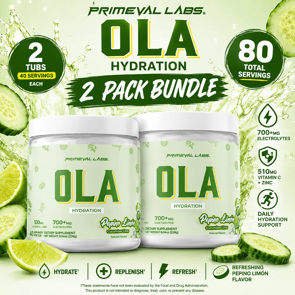 Primeval Labs OLA Hydration Pepino Limón – 2 Pack Bundle | 80 Servings | Pepino Limón Electrolyte Powder with Vitamin C + Zinc