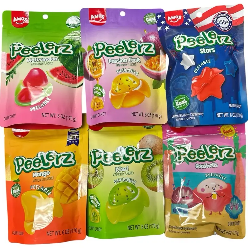 Peelerz 6-Pack - Stars, Passion Fruit, Watermelon, Mango, Kiwi, Seashells - 6 oz Bags - Peel-able Fun Gummies Peelable Fruity Gummy Candy Mix