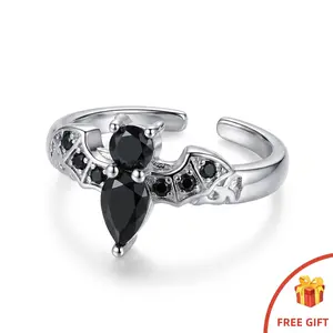 Dark Gothic Bat Black Crystal Ring, Adjustable Edgy Open Statement Jewelry, Ideal Gift for Women