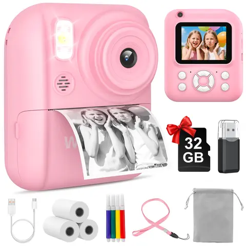 W&O Kids Instant Print Camera - Portable HD Digital Shockproof Device with Rechargeable Function, Screen, Timer, Creative Photography, Thermal Paper, 32GB SD Card, Educational Children's Toy