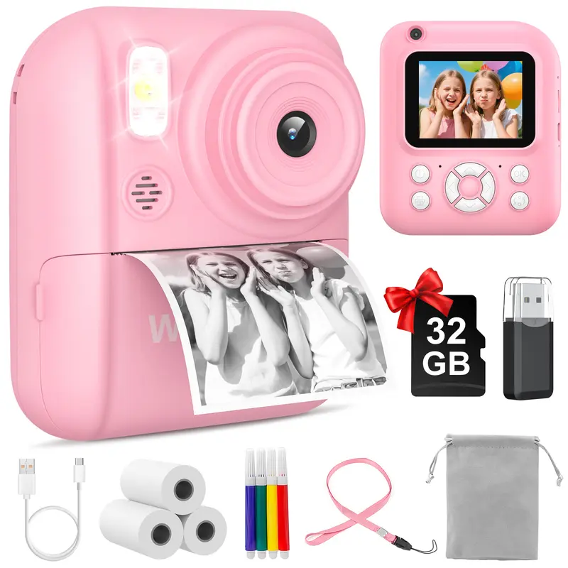 W&O Kids Instant Print Camera - Portable HD Digital Shockproof Device with Rechargeable Function, Screen, Timer, Creative Photography, Thermal Paper, 32GB SD Card, Educational Children's Toy