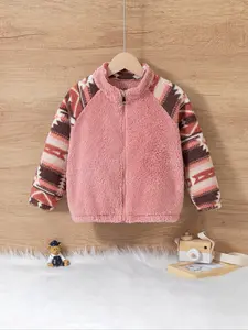 Girls' Knit Casual Jacket with Zipper, Patchwork Long Sleeve Winter Coat, Thick Fleece Lining, Warm Polar Fleece, Fitted Style, Fuzzy Jacket, Zip Up Jacket