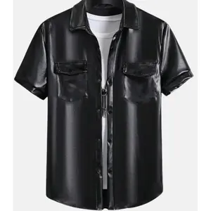 Men's Classic Black Leather Half Sleeve Shirt