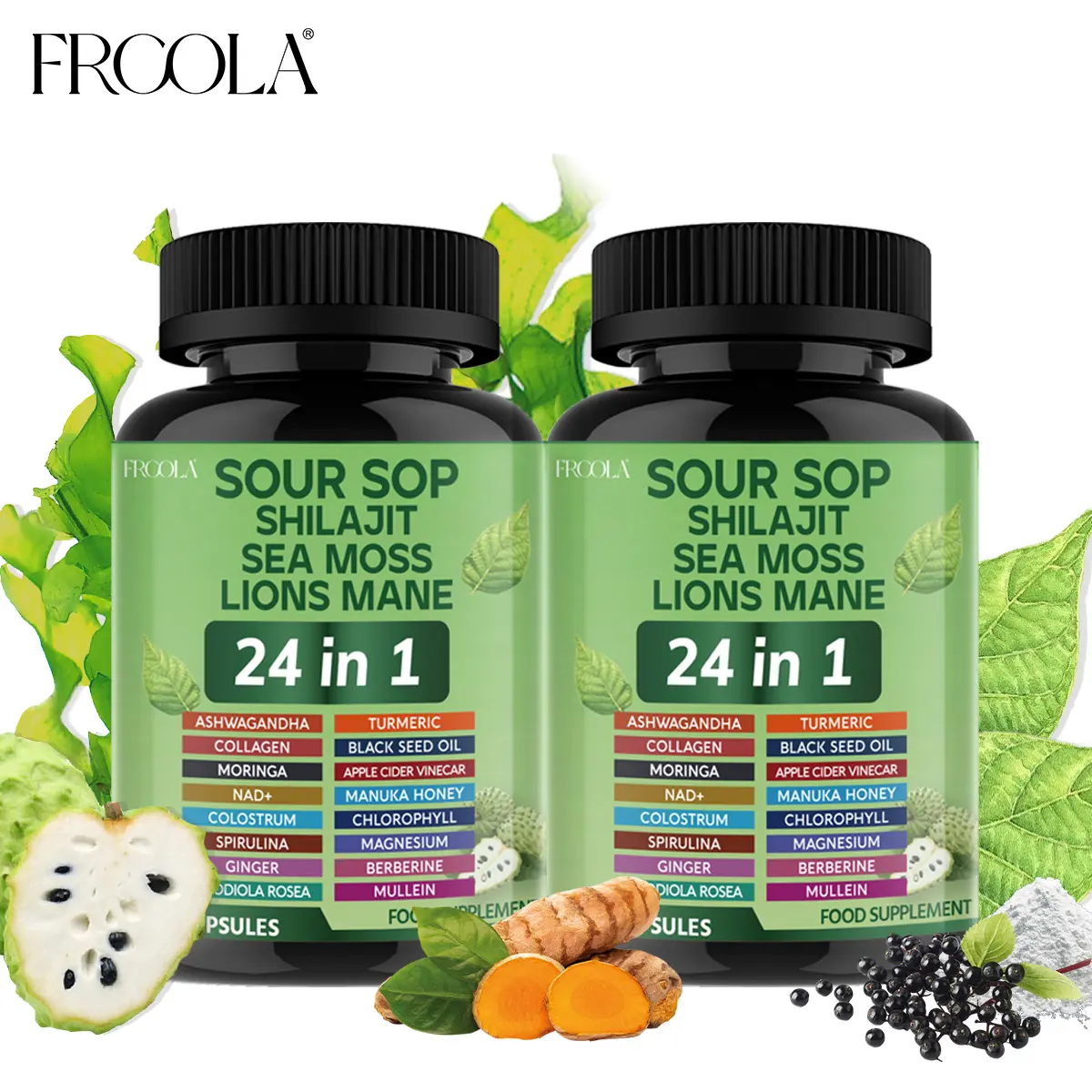 (2-Pack) FRCOLA Soursop 24-in-1 Vitamin Capsules for Supplements - Soursop, Shilajit, Sea Moss, Lion's Mane Blend - Natural Daily Supplement Pack for Health & Fitness Support