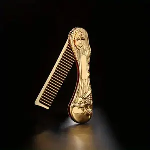 1 PC Vintage Men's Hair Styling Beard Comb, Portable Mini Pocket Stainless Steel Metal Skull Comb, Hair Grooming Tool with Wavy Thermal Brush, Hair Styling Comb