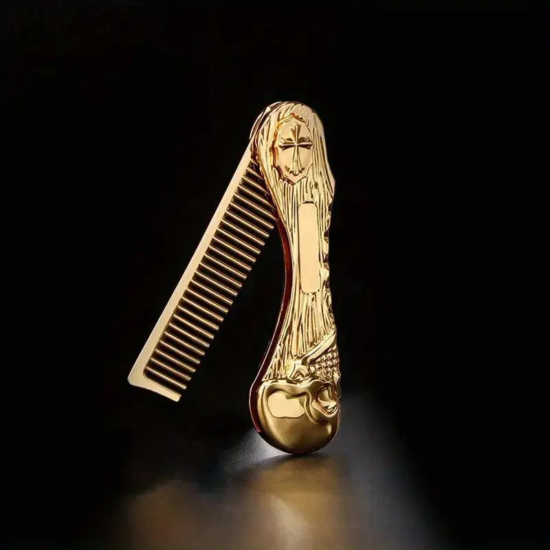 1 PC Vintage Men's Hair Styling Beard Comb, Portable Mini Pocket Stainless Steel Metal Skull Comb, Hair Grooming Tool with Wavy Thermal Brush, Hair Styling Comb