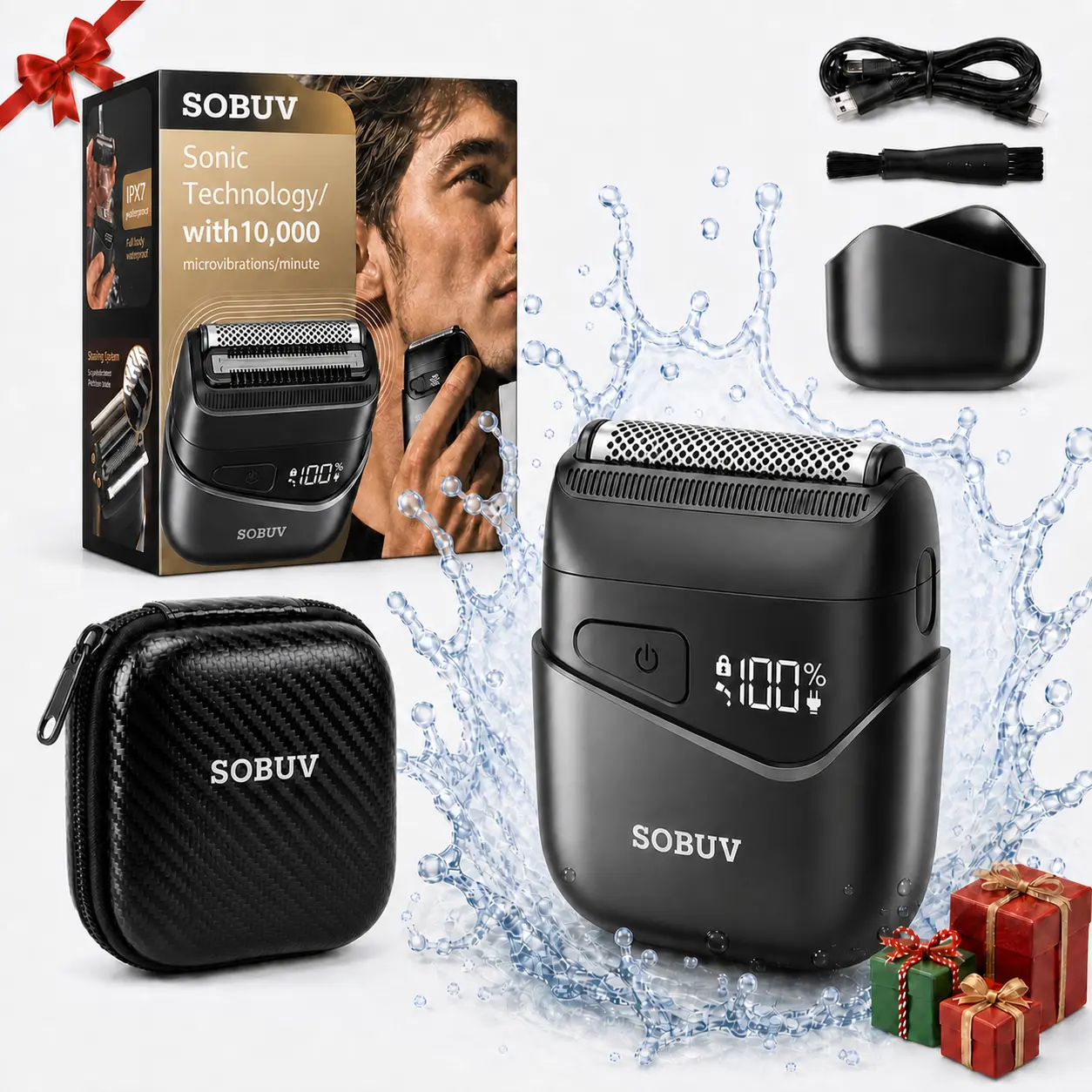 SOBUV Electric Razor for Men with Free Travel Storage Bag Included, Mini Foil Shaver for Face, IPX7 Waterproof Wet Dry Cordless Razor, USB-C Rechargeable Portable Grooming Kit，Father's Day gifts, Halloween gifts, Christmas gifts