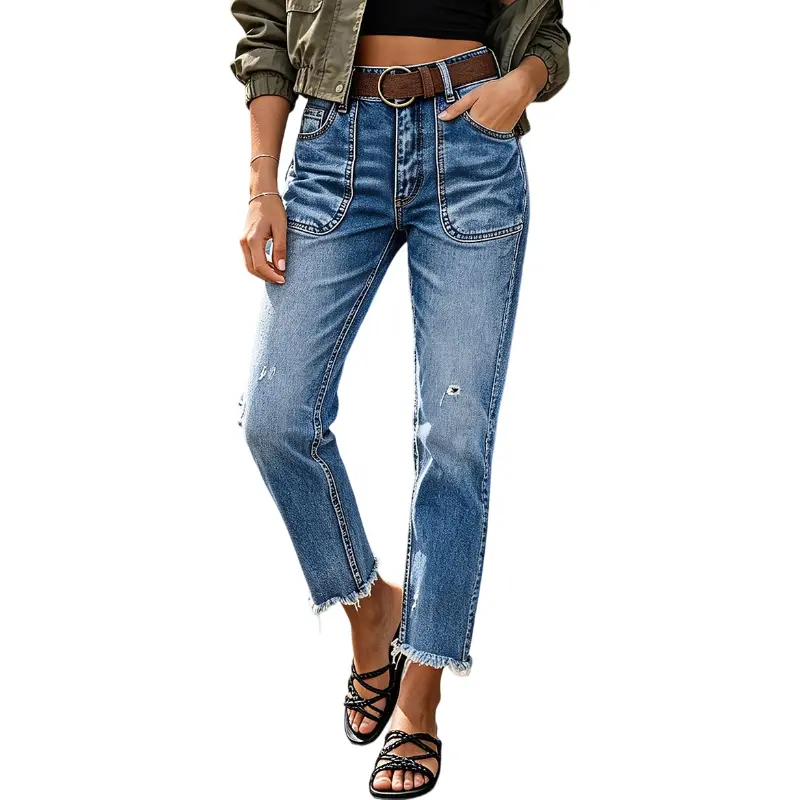 Flamingals Wash Ripped Raw Hem High Rise Straight Leg Crop Jeans Without Belt Stretchy 25.0'' Inseam