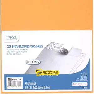 25 Pack 9" x 12" Letter Size Mailing Envelopes - Press-It Seal-It Self Adhesive Closure, All-Purpose 24-lb Paper, Brown Manila Kraft Envelope