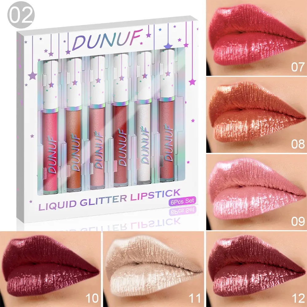 Dunuf 6-Piece Long-Lasting Waterproof Lipstick Set, Lipgloss, Shimmer Finish, Glossy, Moisturizing Formula, Hydrating, Perfect Gift for Women, Daily & Special Occasions Use