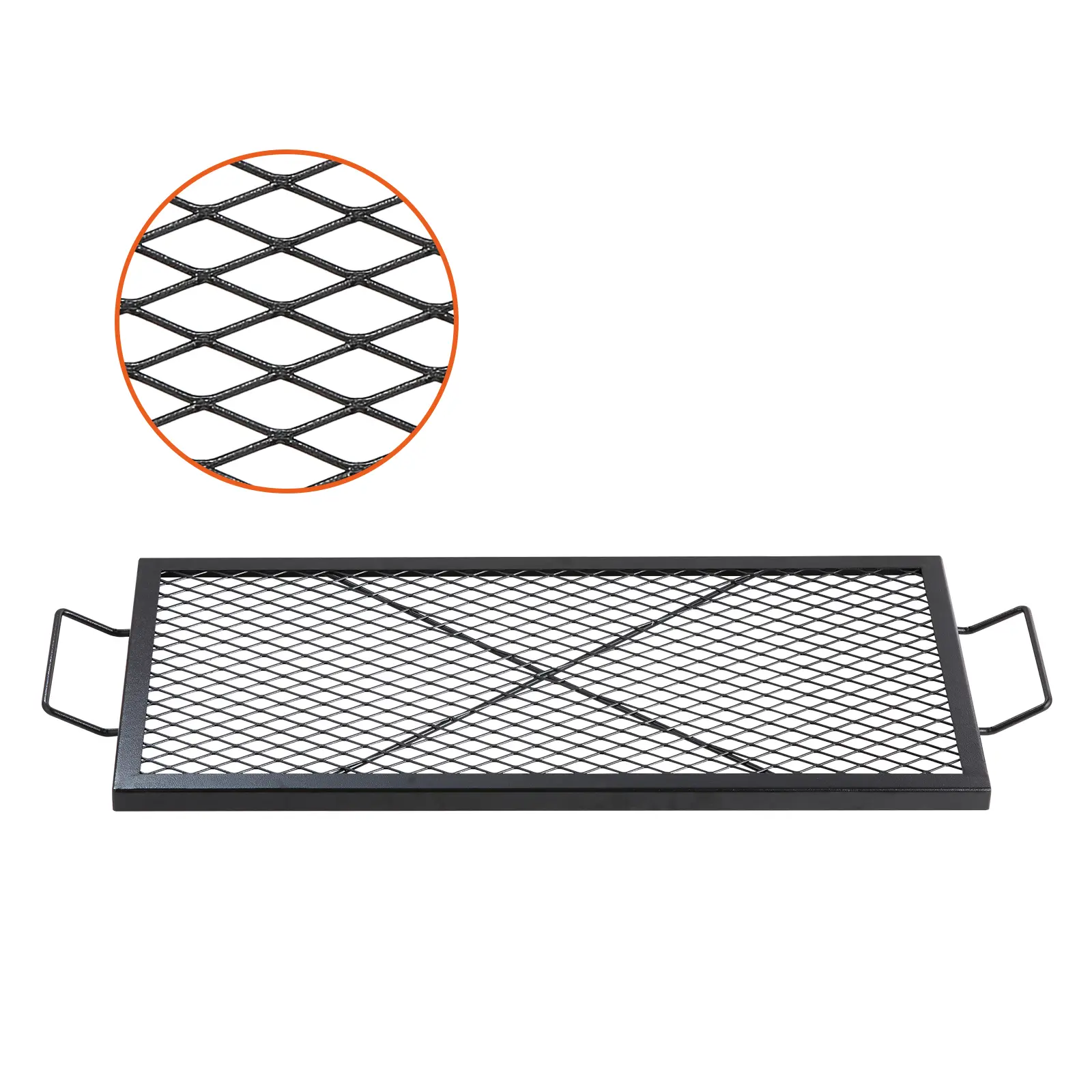 VEVOR 32-Inch Large Size Heavy-Duty Steel Rectangle Fire Pit Grill Grate, Sturdy X-Marks Support, Open Flame Grill with Handle, Diamond Mesh, Heat-Resistant Space-Saving Camping Accessory for Campfire/BBQ Party, Hiking, Even Heat Distribution