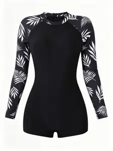 One Piece Swimsuit for Women, Long Sleeve Rash Guard with Back Zipper, High Elastic Floral Bathing Suit, Tummy Control Swimwear for Surfing, Swimming, Beach Vacation