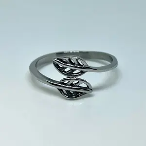 Stainless Steel Leaf Ring – Silver-Tone Double Leaf Wrap Band