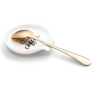 Ceramic Coffee Spoon Rest with Pattern & Gold Ellipse Spoon - Mini Holder for Coffee Stirrers, Teaspoon, Coffee Bar Accessories