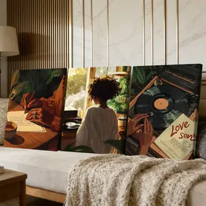 3 Counts Wooden Framed Canvas Painting, Relaxing Music Vinyl Record Artistic Scene, Exquisite Poster, Perfect Living Room Decoration, Modern Art, Fashion Family Poster, Wall Art Decoration, Waterproof Art