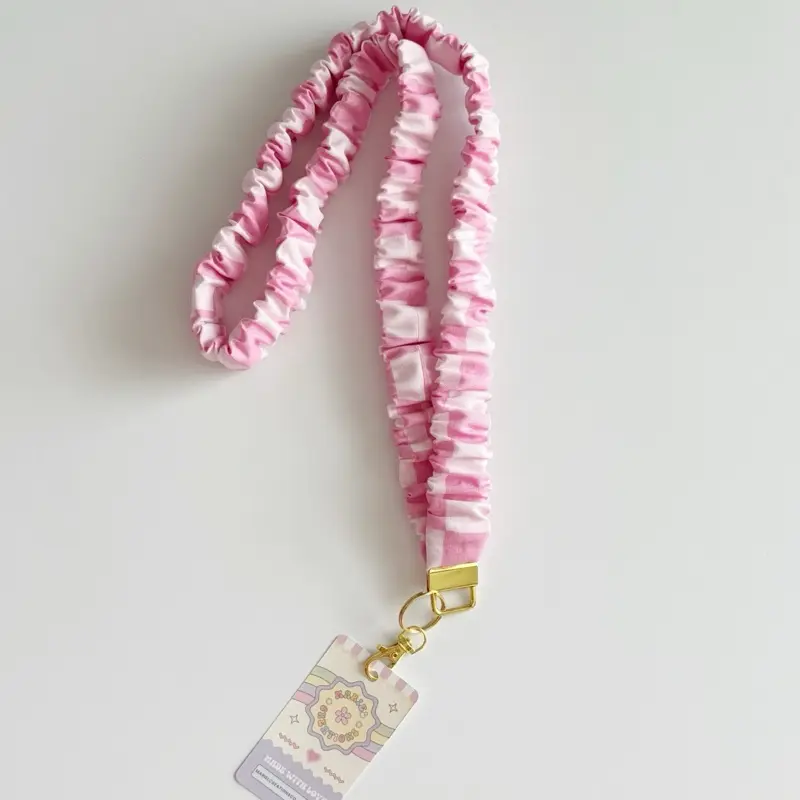 Scrunchie Lanyard Keychain - Badge Holder Lanyard with Pink Checkered Design