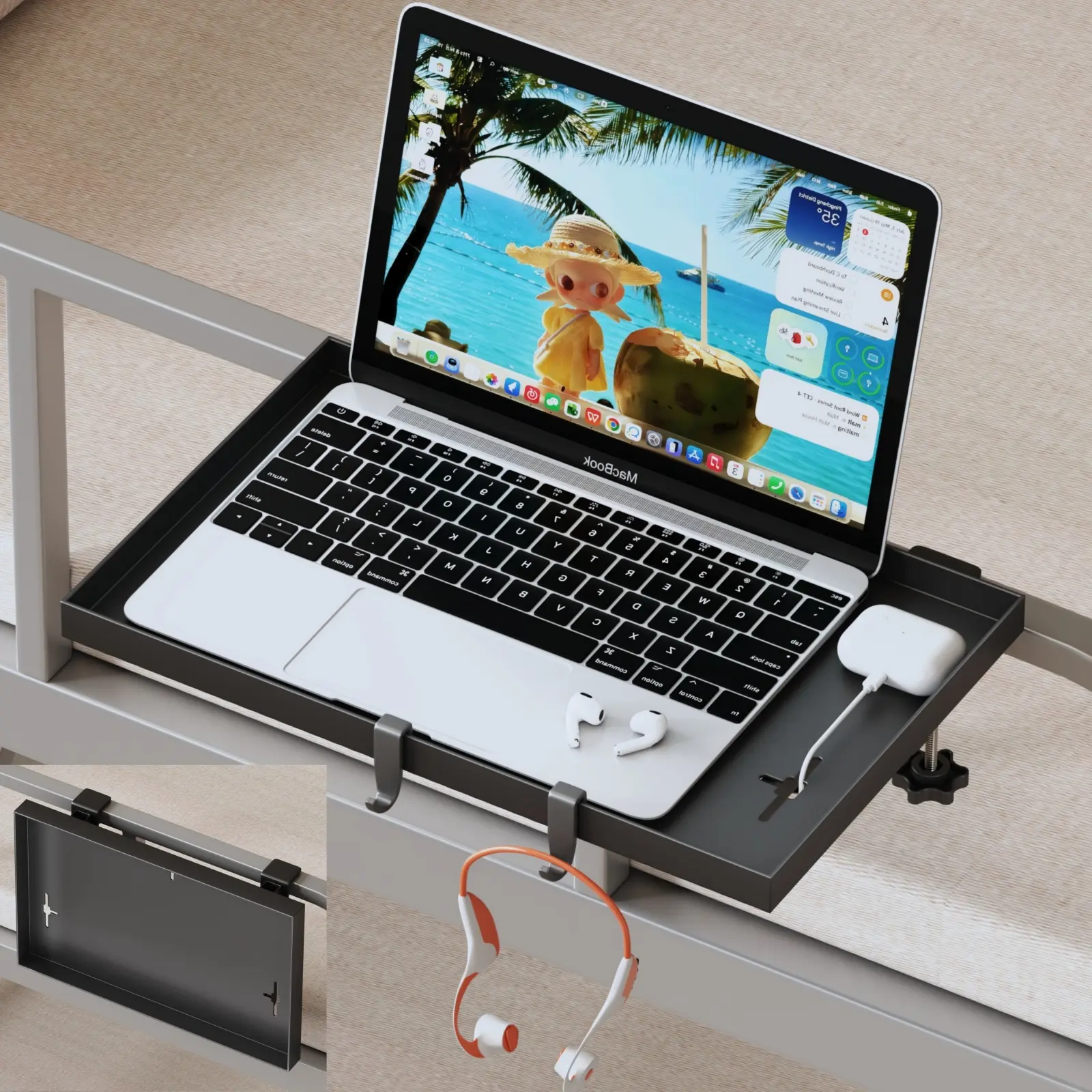 90° Foldable Carbon Steel Hanging Bedside Shelf - Free-Drill Clip-On Rectangular Bedside Tray with Cable Holes, Detachable Hooks - Space-Saving Storage Organizer for Dorm Bunk Beds Students, Easy Installation Home Supplies