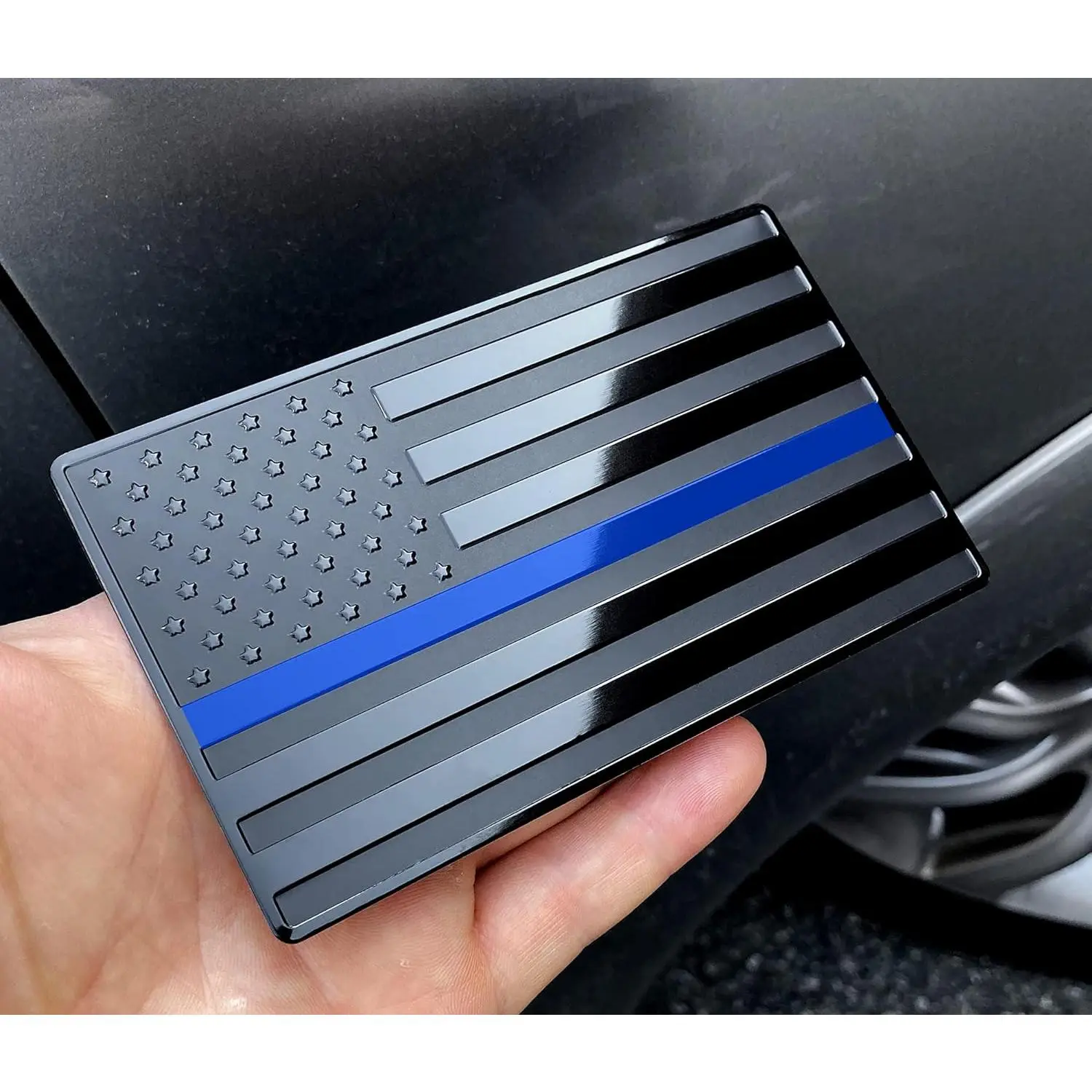 USA Embossed Stainless Steel Metal Flag for Cars, Trucks Show Support of Police and Law Enforcement Officers Black with Thin Blue Line 5"x3"