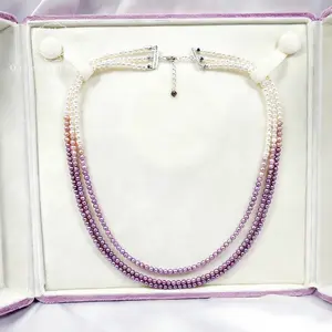 NC20-3 Layer Gradient Color Baby Pearls Necklace Genuine Pearls Ombre White Pink Purple Multicolor Color Pearls Strand Triple Layer Dainty Color Gradient Necklace