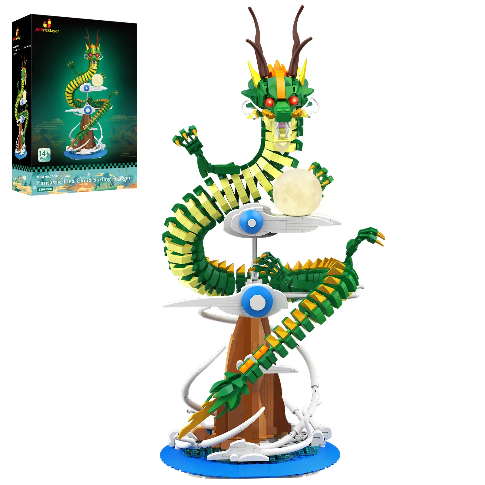 JMBricklayer 70007 Dragon Collector Building Blocks Set, 1364 PCS Unisex DIY Kits, Cool Light-Up Animal Toys, Home Office House Decoration for Adults